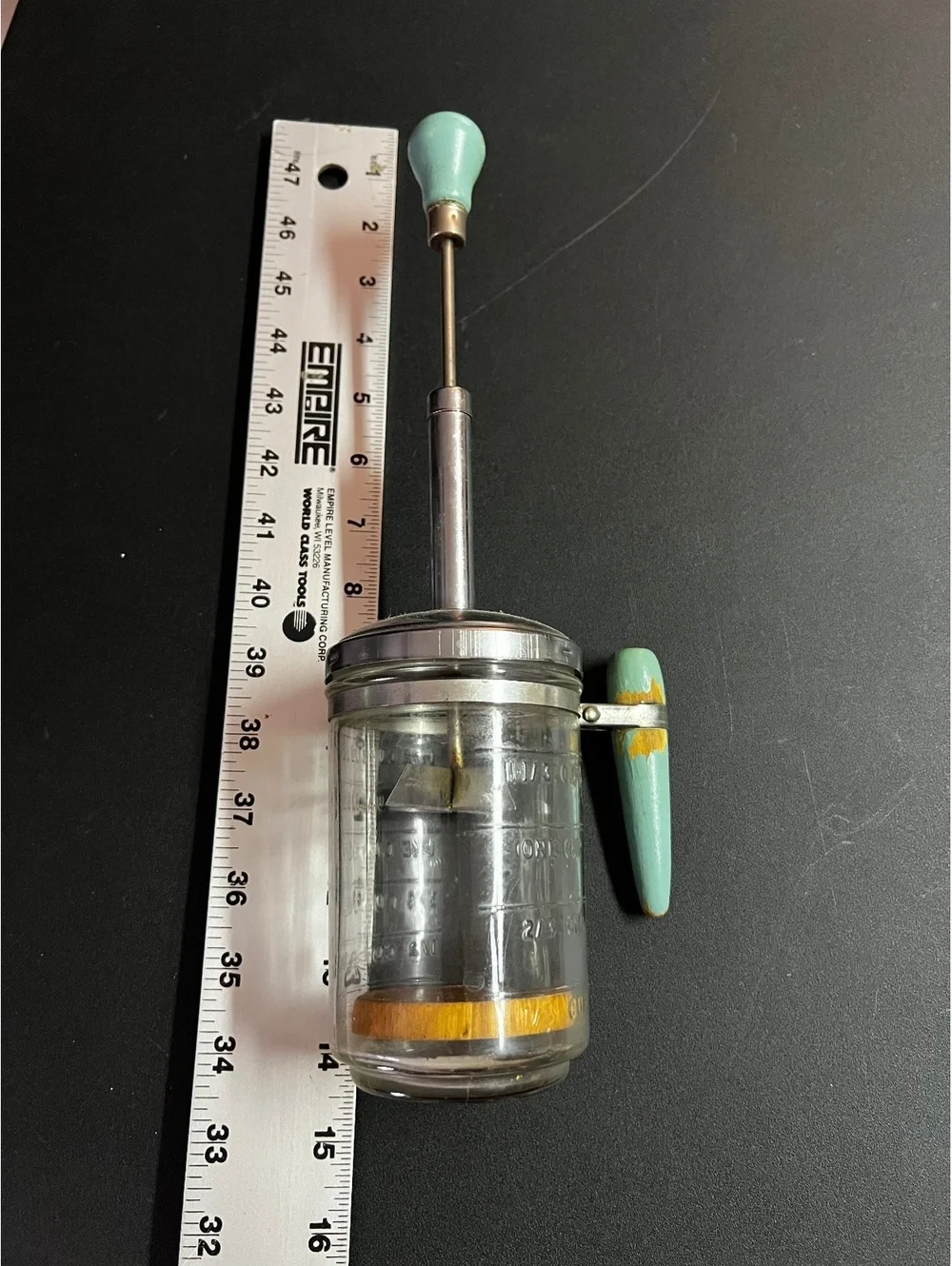 Vintage 1950’s Glass Measurements Food Chopper Metal Lid green Wooden Handle